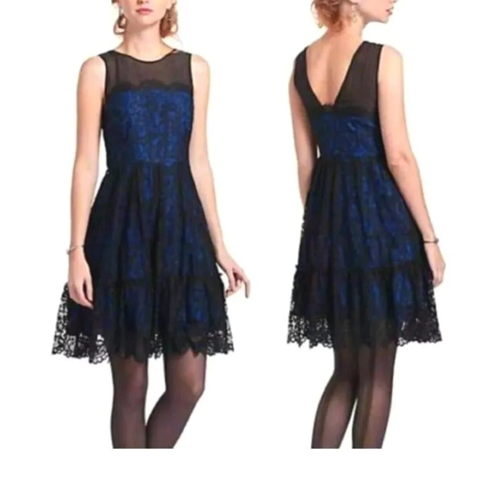 NWT Anthropologie Moulinette Soeurs Size 8 Blue Black Lace Party Dress $178 - Picture 1 of 12